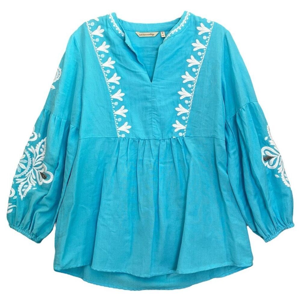 Soft Surroundings Boho Peasant Tunic Top Womens Medium Embroidered Beaded Blue - Picture 11 of 11